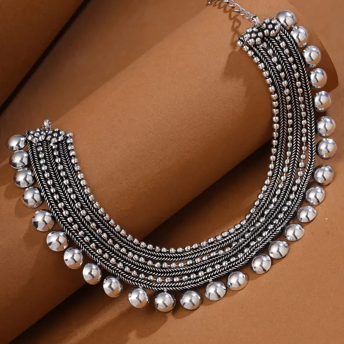 Yellow Chimes Necklaces Yellow Chimes Necklaces for Women Adjustable Silver Oxidised Beads Studded Choker Necklace for Women and Girls NK 3