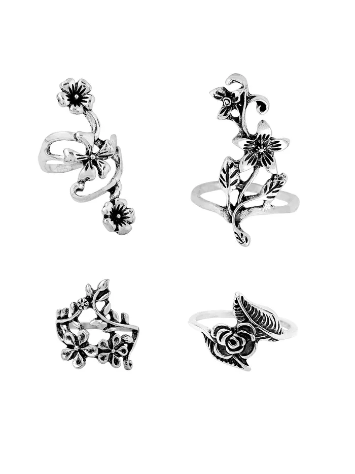 Yellow Chimes Necklaces Yellow Chimes Oxidised Rings for Women 4 Pcs Ring Set Boho Vintage Leaves Rose Floral Shaped Oxidised Silver Plated Rings For Women and Girls
