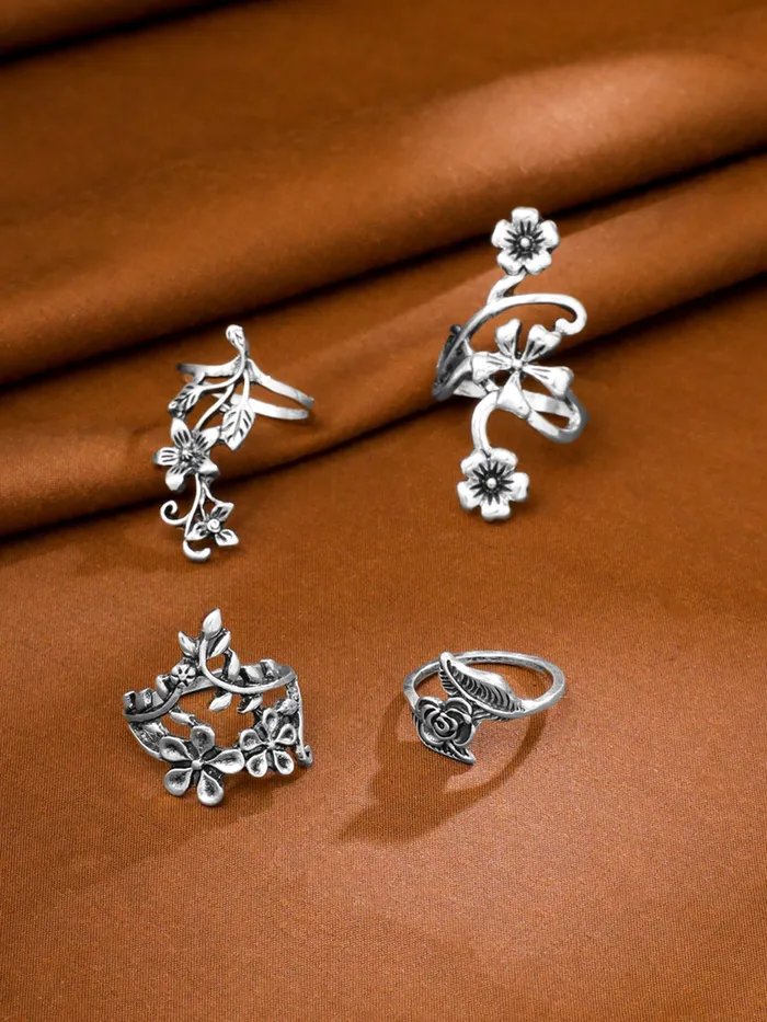 Yellow Chimes Necklaces Yellow Chimes Oxidised Rings for Women 4 Pcs Ring Set Boho Vintage Leaves Rose Floral Shaped Oxidised Silver Plated Rings For Women and Girls