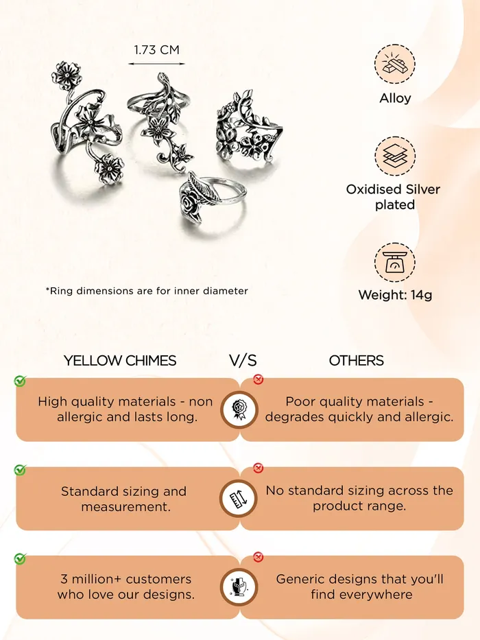 Yellow Chimes Necklaces Yellow Chimes Oxidised Rings for Women 4 Pcs Ring Set Boho Vintage Leaves Rose Floral Shaped Oxidised Silver Plated Rings For Women and Girls