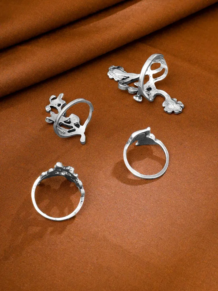 Yellow Chimes Necklaces Yellow Chimes Oxidised Rings for Women 4 Pcs Ring Set Boho Vintage Leaves Rose Floral Shaped Oxidised Silver Plated Rings For Women and Girls