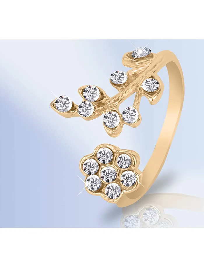 Yellow Chimes Necklaces Yellow Chimes Rhinestone Twisted Leaves Flower Opening Gold Plated Rings For Women and GirlsAdjustable