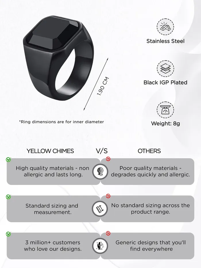 Yellow Chimes Necklaces Yellow Chimes Rings for Men Stainless Steel Black Ring Square Shaped Crystal Black Steel Ring for Men and Boys