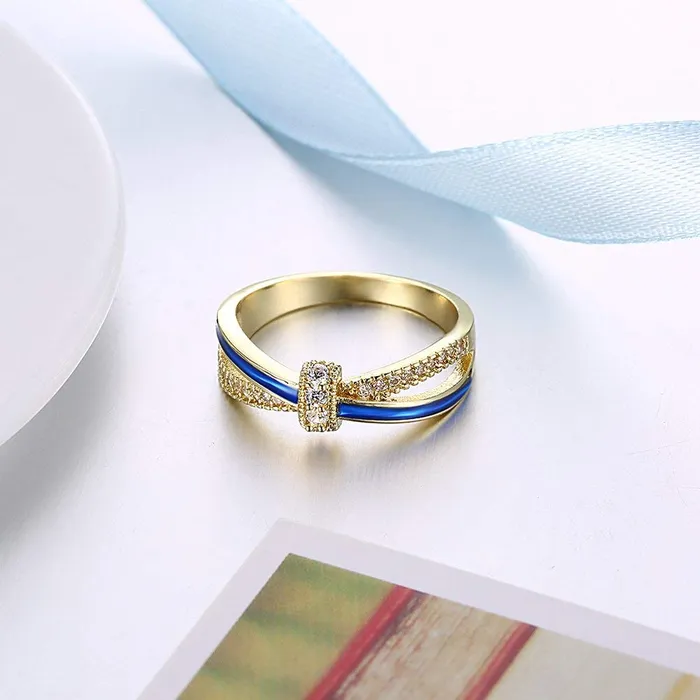 Yellow Chimes Necklaces Yellow Chimes Rings for Women Romantic Love Knot Prong Setting 18K Gold Plated White Crystal and Blue Colore Ring for Women Girls Size US 6