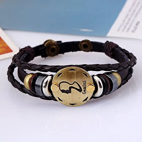 Yellow Chimes Necklaces Yellow Chimes Zodiac Sign Constellation Handmade Brown Leather Bracelet for Men and WomenUnisex Gemini