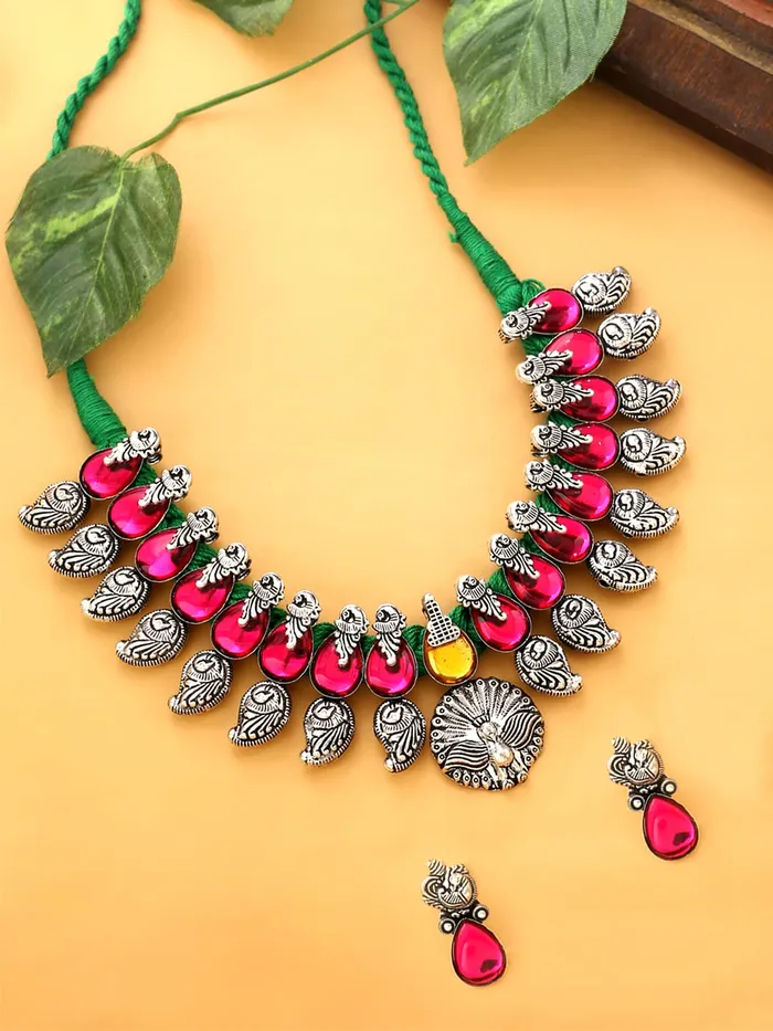 Yellow Chimes Oxidised Jewellery Set for Women Authentic Kolhapuri Work Handmade Silver Peacock Pink Kundan Choker Necklace Sets for Women and Girls Yellow Chimes Necklaces