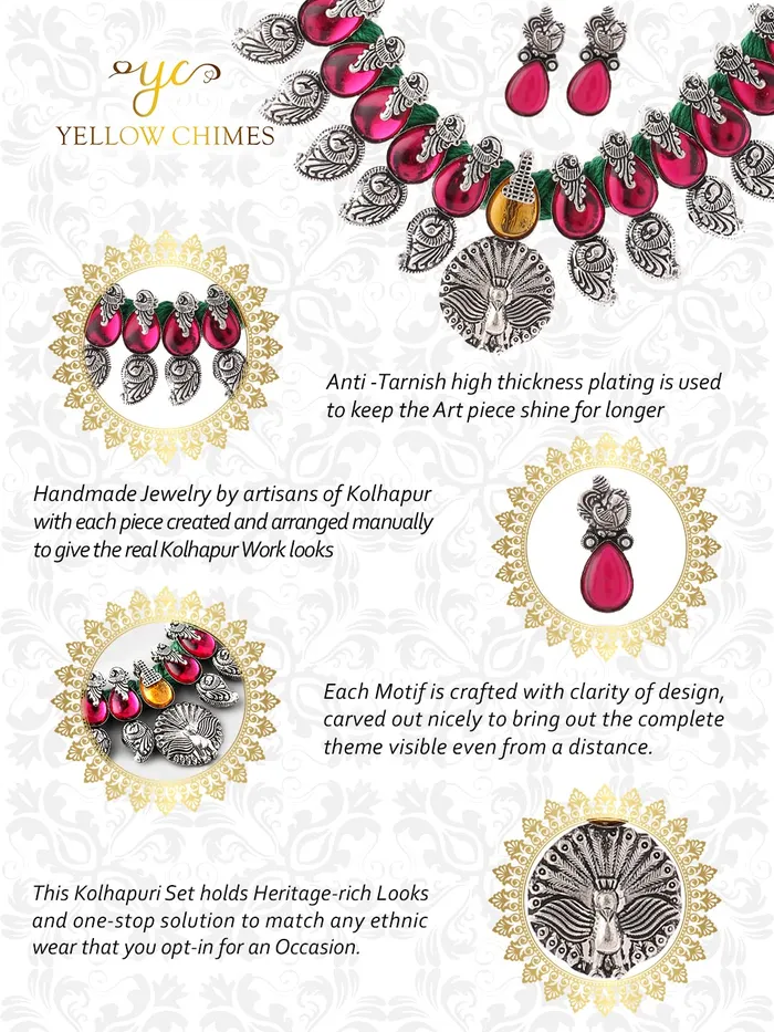 Yellow Chimes Oxidised Jewellery Set for Women Authentic Kolhapuri Work Handmade Silver Peacock Pink Kundan Choker Necklace Sets for Women and Girls Yellow Chimes Necklaces