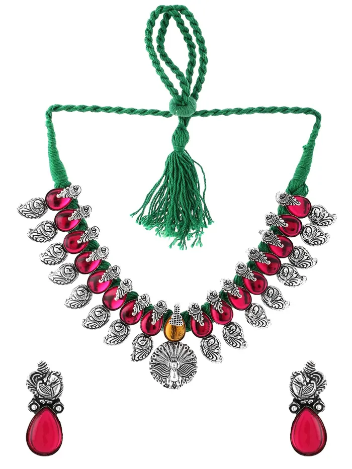Yellow Chimes Oxidised Jewellery Set for Women Authentic Kolhapuri Work Handmade Silver Peacock Pink Kundan Choker Necklace Sets for Women and Girls Yellow Chimes Necklaces