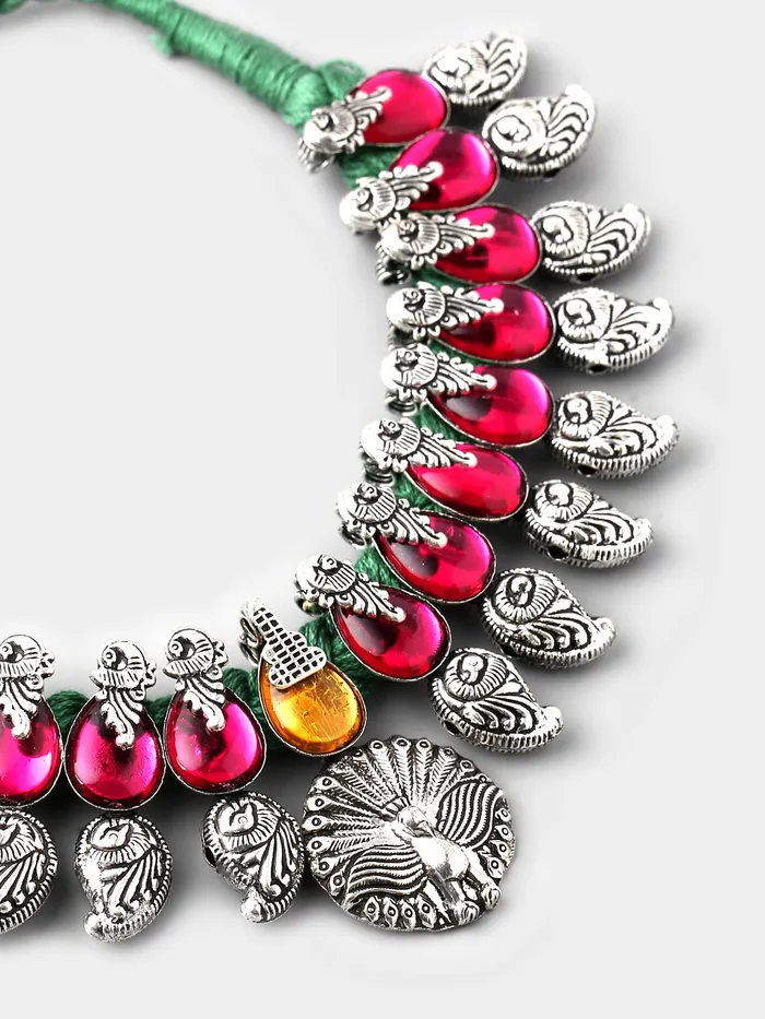 Yellow Chimes Oxidised Jewellery Set for Women Authentic Kolhapuri Work Handmade Silver Peacock Pink Kundan Choker Necklace Sets for Women and Girls Yellow Chimes Necklaces