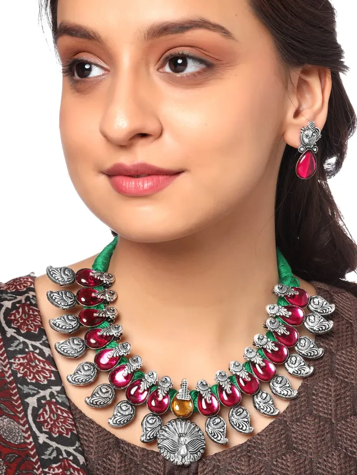 Yellow Chimes Oxidised Jewellery Set for Women Authentic Kolhapuri Work Handmade Silver Peacock Pink Kundan Choker Necklace Sets for Women and Girls Yellow Chimes Necklaces