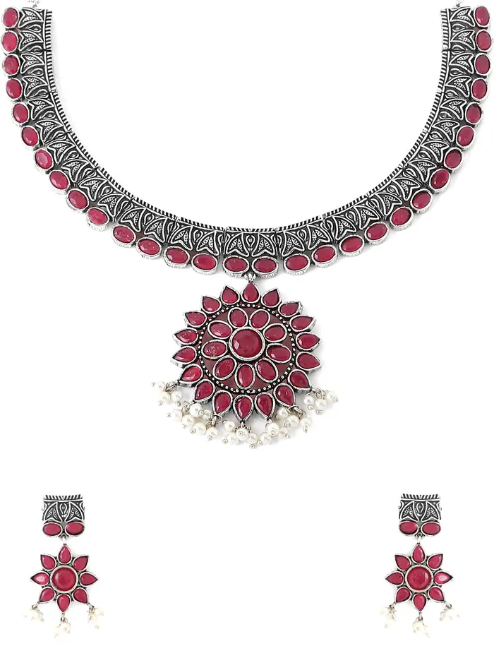 Yellow Chimes Oxidised Necklace Set for Girls Traditional Choker Pink Stone Studded With Earrings Choker Necklace Set for women and girls Yellow Chimes Earrings Yellow Chimes Oxidised Necklace Set for Girls Traditional Choker Pink Stone Studded With Earrings Choker Necklace Set for women and girls Yellow Chimes Earrings