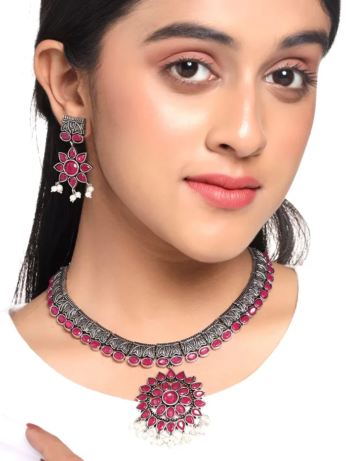 Yellow Chimes Oxidised Necklace Set for Girls Traditional Choker Pink Stone Studded With Earrings Choker Necklace Set for women and girls Yellow Chimes Earrings