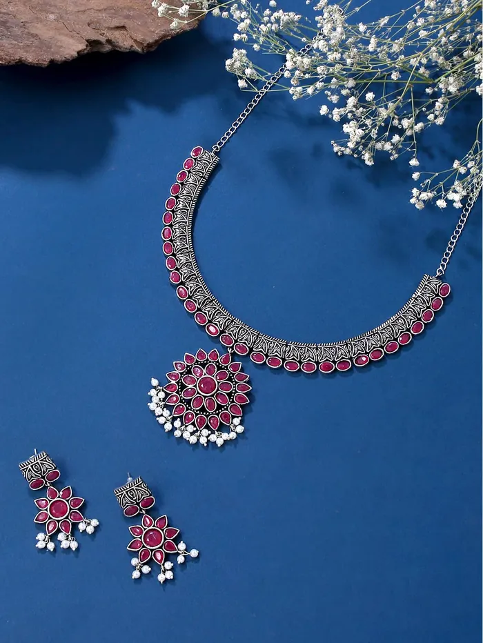Yellow Chimes Oxidised Necklace Set for Girls Traditional Choker Pink Stone Studded With Earrings Choker Necklace Set for women and girls Yellow Chimes Earrings