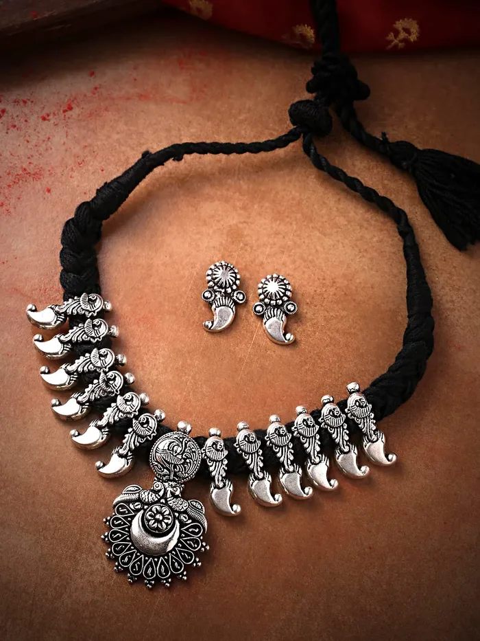 Yellow Chimes Oxidised Necklace Set Silver Kolhapuri Necklace Traditional Necklace Set For Women Girls Yellow Chimes Necklaces
