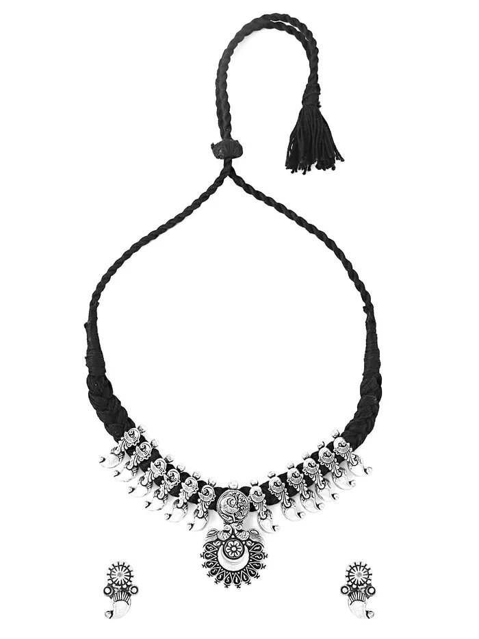 Yellow Chimes Oxidised Necklace Set Silver Kolhapuri Necklace Traditional Necklace Set For Women Girls Yellow Chimes Necklaces