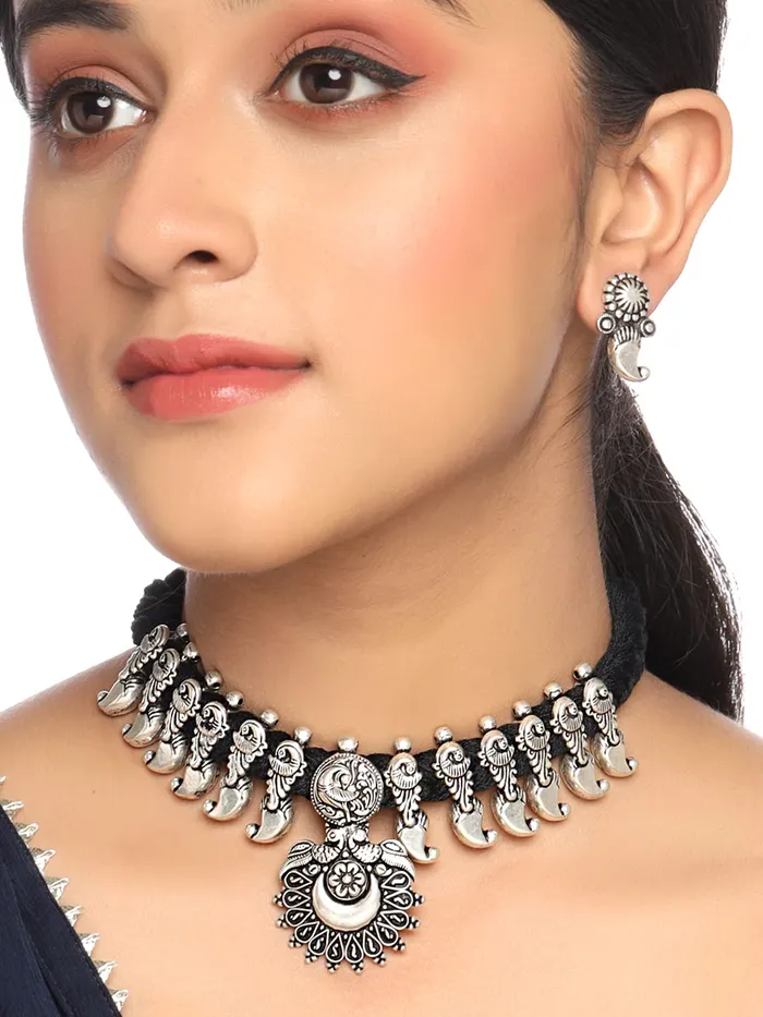 Yellow Chimes Oxidised Necklace Set Silver Kolhapuri Necklace Traditional Necklace Set For Women Girls Yellow Chimes Necklaces