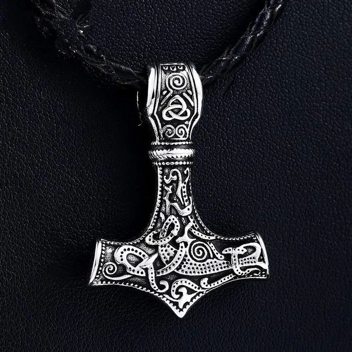 Yellow Chimes Pendant for Men Silver Men Pendant Thors Hammer Mjolnir Braided Black Leather Rope Silver Pendant Necklace for Men and Boys Yellow Chimes Bracelets