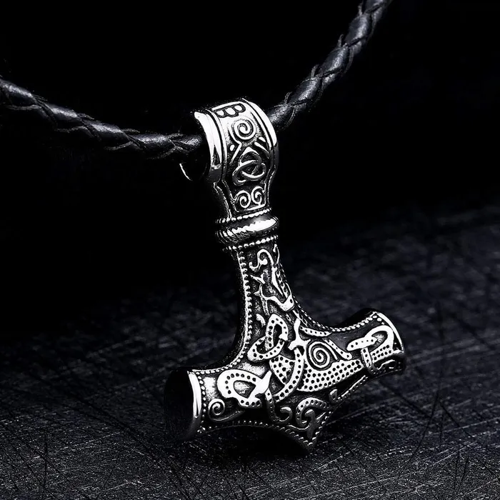 Yellow Chimes Pendant for Men Silver Men Pendant Thors Hammer Mjolnir Braided Black Leather Rope Silver Pendant Necklace for Men and Boys Yellow Chimes Bracelets