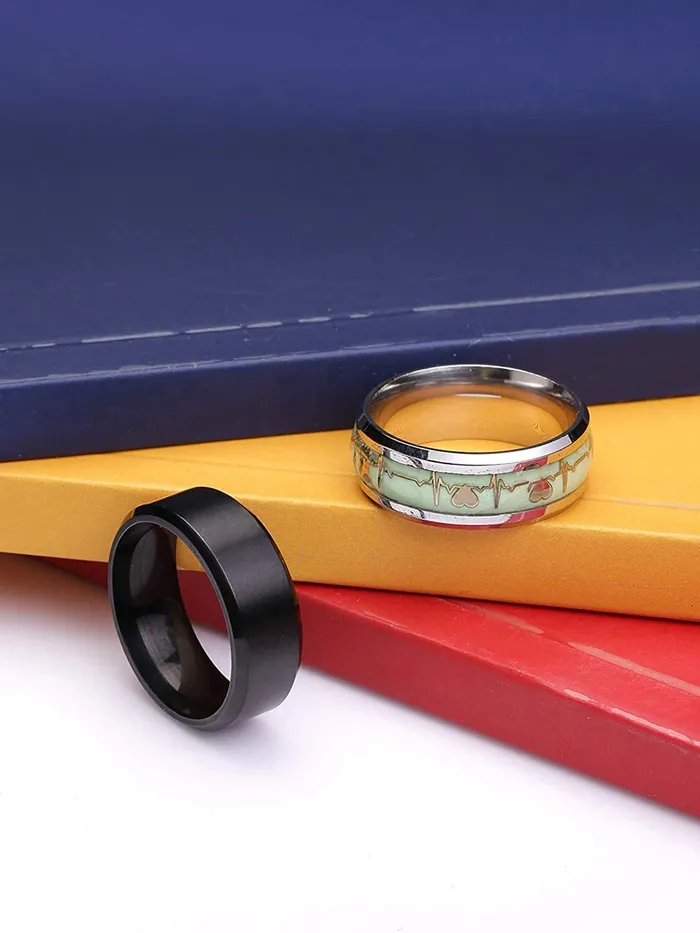 Yellow Chimes Rings for Men 2 pcs of Combo Stainless Steel Heartbeat and Smooth Finished band Designed Rings for Men and Boys Yellow Chimes Necklaces