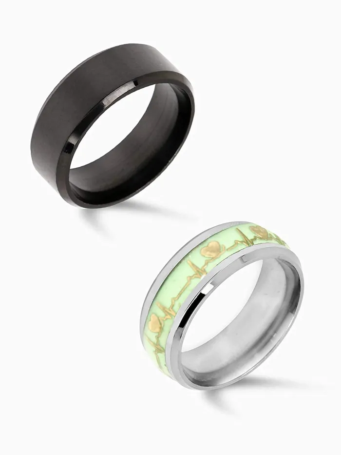 Yellow Chimes Rings for Men 2 pcs of Combo Stainless Steel Heartbeat and Smooth Finished band Designed Rings for Men and Boys Yellow Chimes Necklaces