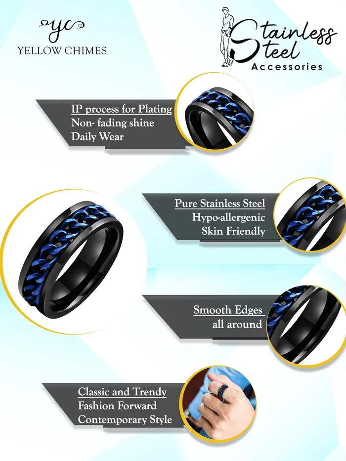 Yellow Chimes Rings for Men Black and Blue Colored Stainless Steel Band Designed Rings for Men and Boys Yellow Chimes Bracelets