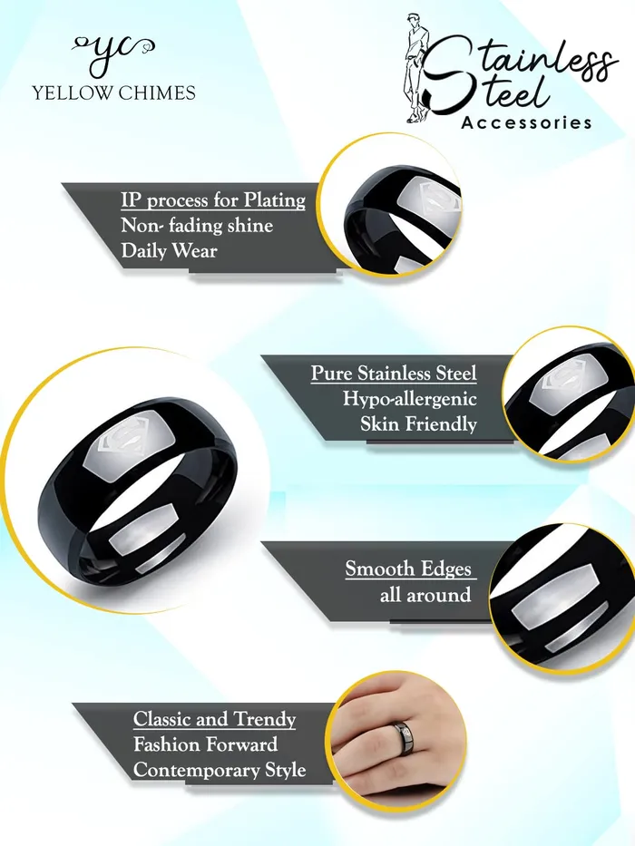 Yellow Chimes Rings for Women and Girls Black Ring for Women Superman Band Women Ring Stainless Steel Rings for Girls Birthday Gift for Women and Girls Anniversary Gift for Wife Yellow Chimes Earrings