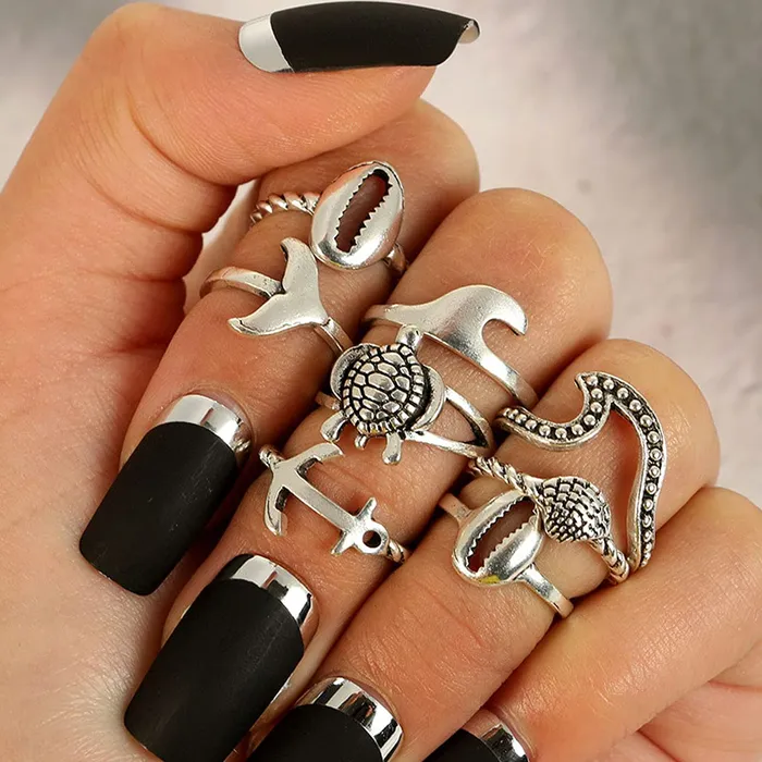 Yellow Chimes Rings for Women and Girls Fashion Aesthetic Ring Set Oxidised Silver Toned Aesthetic Rings Vintage Style Midi Finger 8 PCS Knuckle Rings Set Birthday Gift For Girls Women Yellow Chimes Earrings