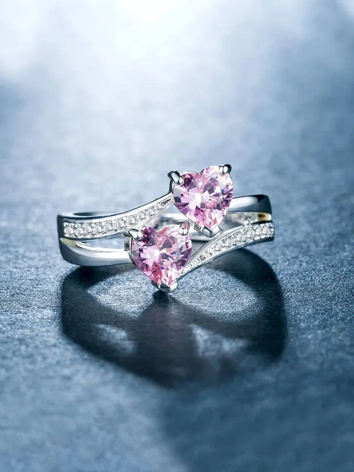 Yellow Chimes Rings for Women and Girls Pink Color Ring Silver Tone Dual Heart Shaped Pink Crystal Finger Ring for Women Birthday Gift For girls and women Anniversary Gift for Wife Yellow Chimes Earrings