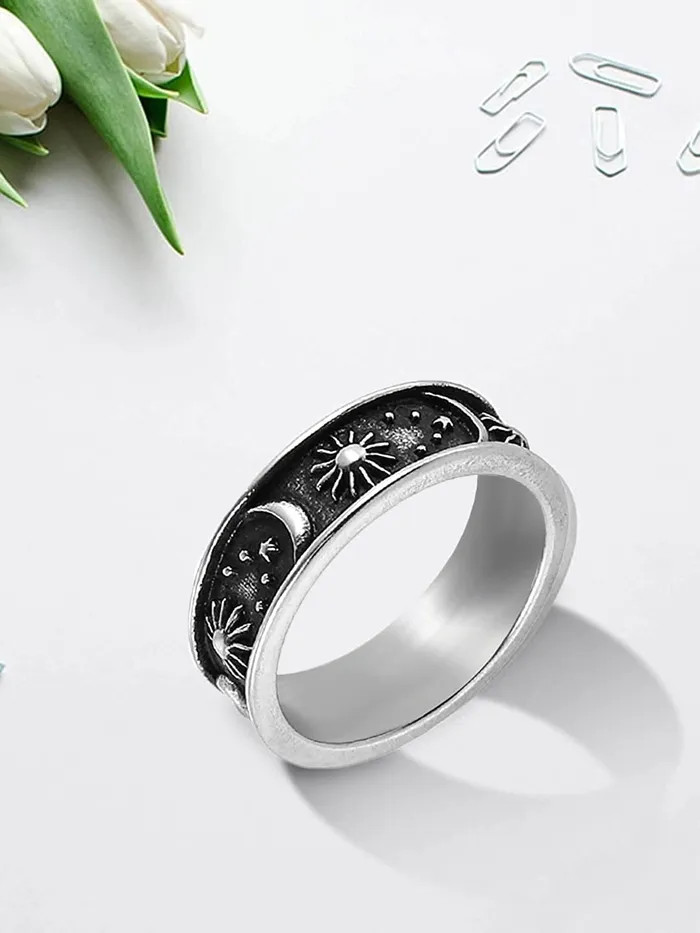 Yellow Chimes Rings for Women Stainless Steel Ring Carved Sun Moon Universe Energy Sign Statement Band Rings for Women and GirlsSize US 8 Yellow Chimes Rings