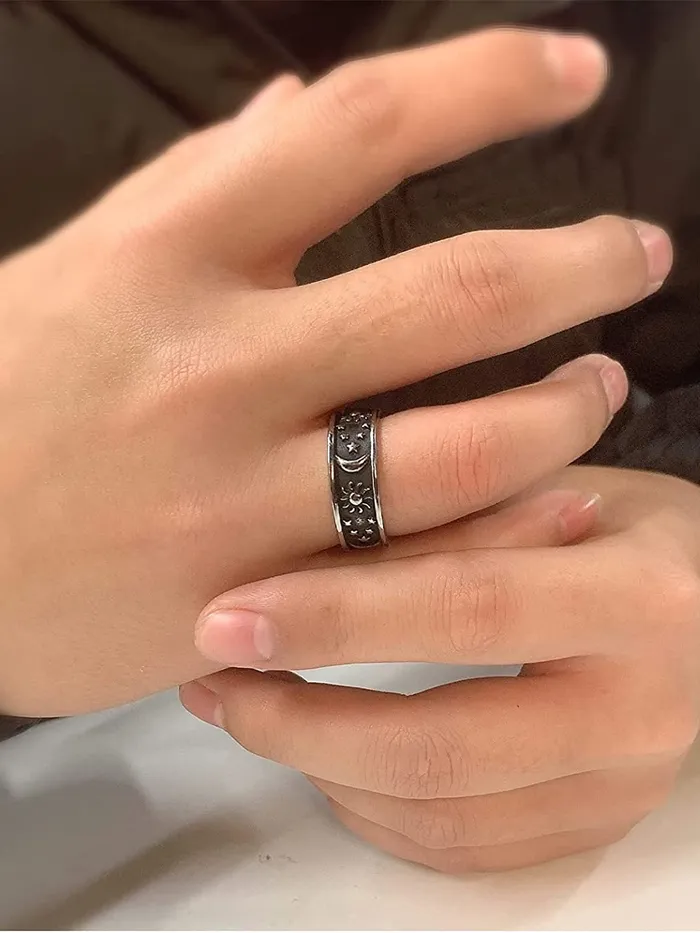Yellow Chimes Rings for Women Stainless Steel Ring Carved Sun Moon Universe Energy Sign Statement Band Rings for Women and GirlsSize US 8 Yellow Chimes Rings