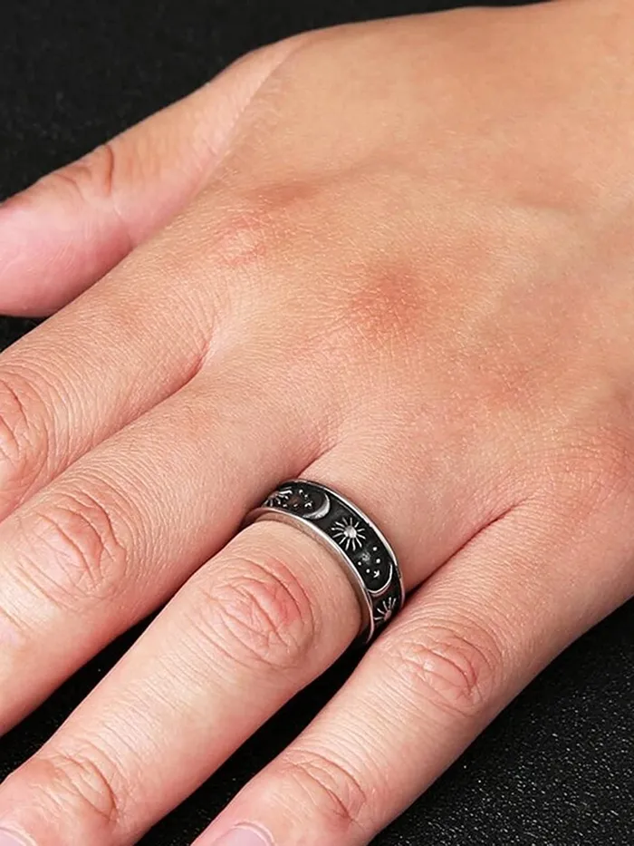 Yellow Chimes Rings for Women Stainless Steel Ring Carved Sun Moon Universe Energy Sign Statement Band Rings for Women and GirlsSize US 8 Yellow Chimes Rings