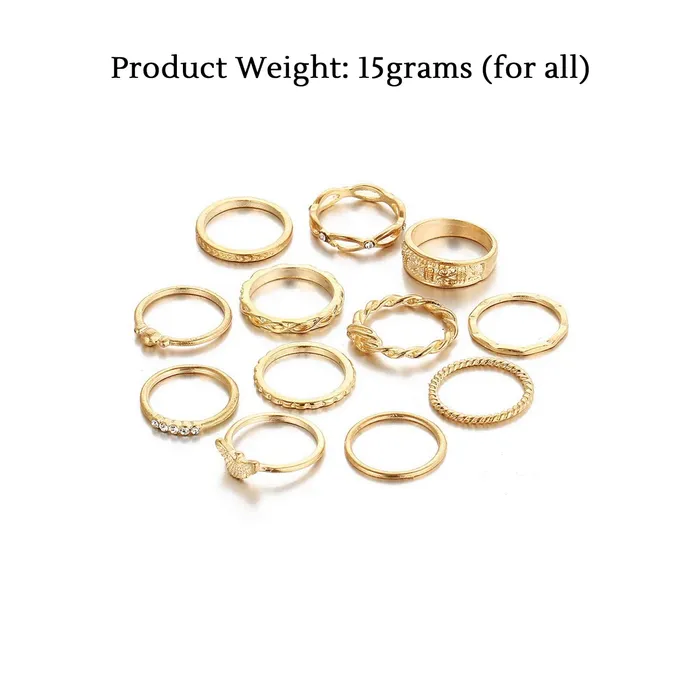 Yellow Chimes Rings Yellow Chimes 12 PCs Combo Boho Vintage Style Gold Plated Knuckle Rings Set for Women and Girls YCFJRG164KNLCGL