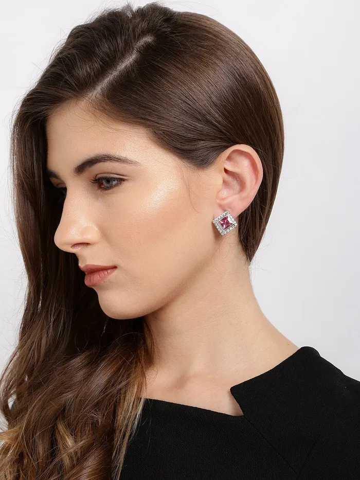 Yellow Chimes Rings Yellow Chimes A5 High Grade Crystal Platinum Plated Sqaure Crystal Earrings for Women Girls Pink
