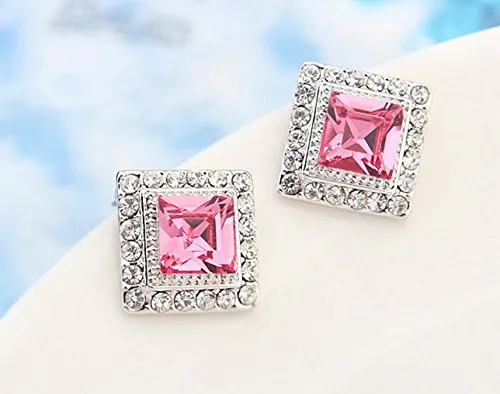 Yellow Chimes Rings Yellow Chimes A5 High Grade Crystal Platinum Plated Sqaure Crystal Earrings for Women Girls Pink