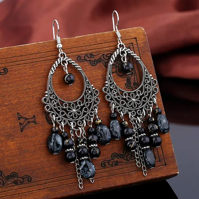 Yellow Chimes Rings Yellow Chimes Afghani Tribal Black Silver Dangle Earring for Women Girls