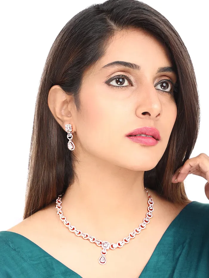 Yellow Chimes Rings Yellow Chimes American Diamond Necklace Set For Women White Stone Rose Gold Jewellery Set For Women Diamond Necklace Set Birthday Gift for Girls Anniversary Gift for Wife