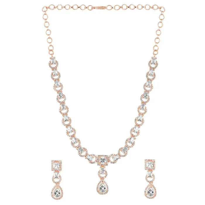 Yellow Chimes Rings Yellow Chimes American Diamond Necklace Set For Women White Stone Rose Gold Jewellery Set For Women Diamond Necklace Set Birthday Gift for Girls Anniversary Gift for Wife