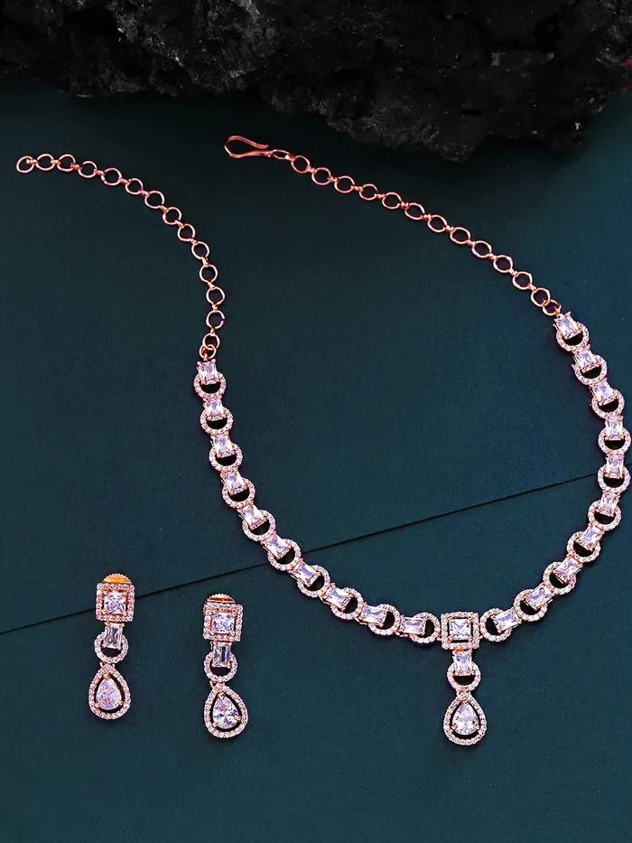 Yellow Chimes Rings Yellow Chimes American Diamond Necklace Set For Women White Stone Rose Gold Jewellery Set For Women Diamond Necklace Set Birthday Gift for Girls Anniversary Gift for Wife