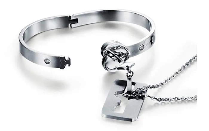 Yellow Chimes Rings Yellow Chimes Couple Bracelet Set for Women Engraved Lock and Key Stainless Steel Couple Bracelet Pendant Necklace Set for Men and Women
