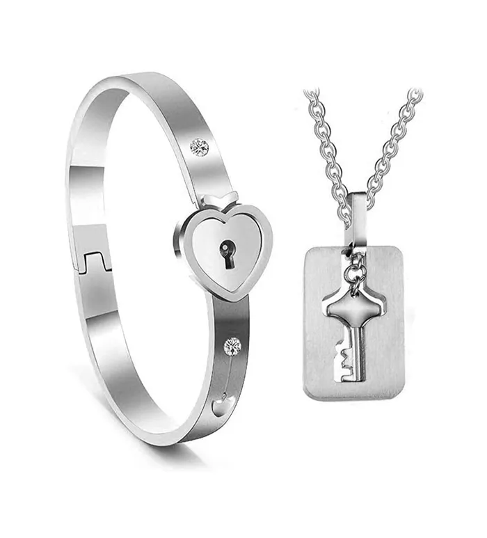 Yellow Chimes Rings Yellow Chimes Couple Bracelet Set for Women Engraved Lock and Key Stainless Steel Couple Bracelet Pendant Necklace Set for Men and Women
