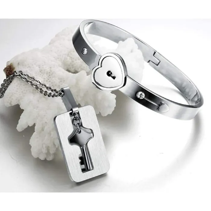 Yellow Chimes Rings Yellow Chimes Couple Bracelet Set for Women Engraved Lock and Key Stainless Steel Couple Bracelet Pendant Necklace Set for Men and Women