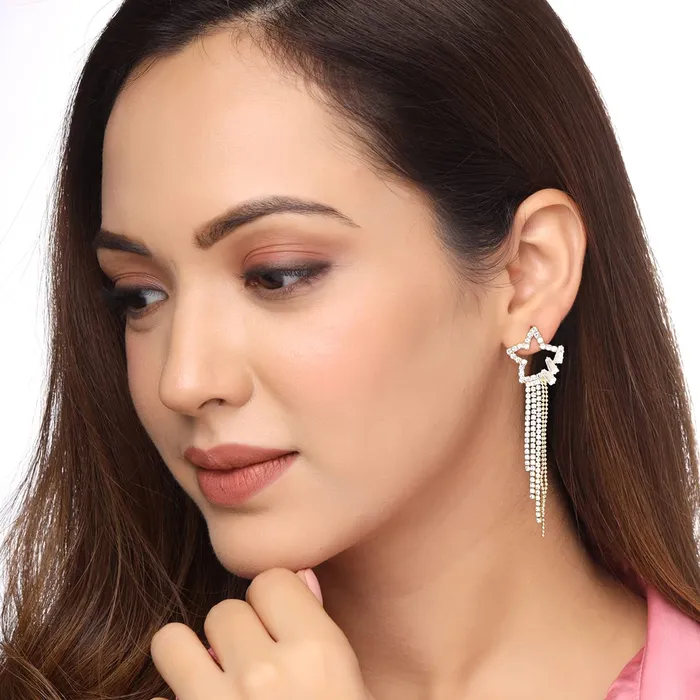 Yellow Chimes Rings Yellow Chimes Earrings For Women Gold Tone Crystal Star Shape Long Chain Tassel Dangler Earrings For Women and Girls