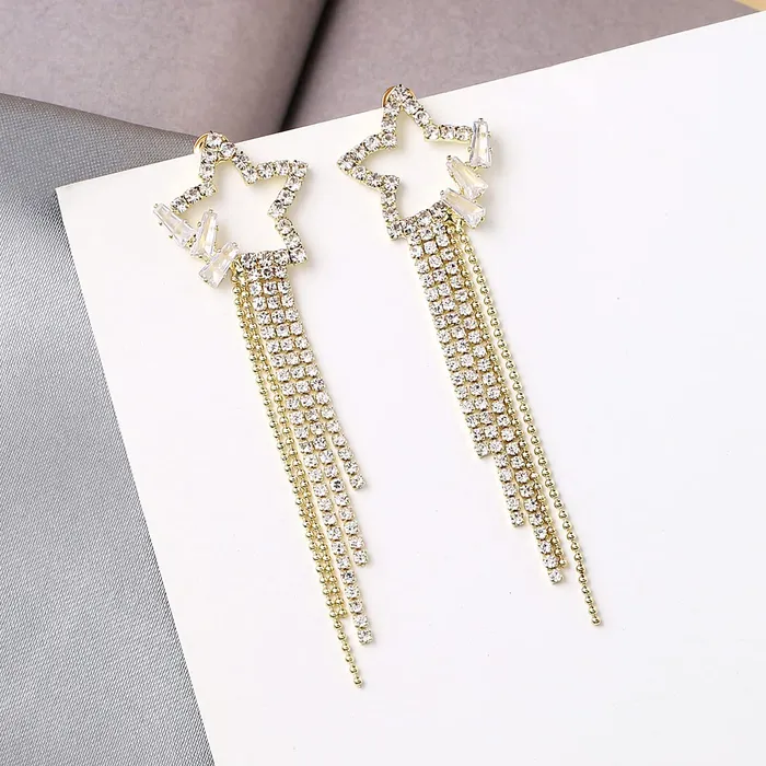 Yellow Chimes Rings Yellow Chimes Earrings For Women Gold Tone Crystal Star Shape Long Chain Tassel Dangler Earrings For Women and Girls