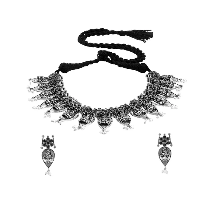 Yellow Chimes Rings Yellow Chimes Ethnic German Silver Oxidised Black studded stones White pearl moti Design Lakshmi Choker Necklace Set with Earrings Traditional Jewellery Set for Women and Girls Medium Yellow Chimes Rings Yellow Chimes Ethnic German Silver Oxidised Black studded stones White pearl moti Design Lakshmi Choker Necklace Set with Earrings Traditional Jewellery Set for Women and Girls Medium