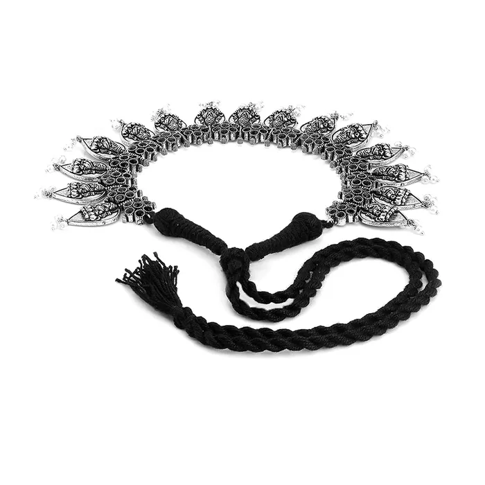 Yellow Chimes Rings Yellow Chimes Ethnic German Silver Oxidised Black studded stones White pearl moti Design Lakshmi Choker Necklace Set with Earrings Traditional Jewellery Set for Women and Girls Medium