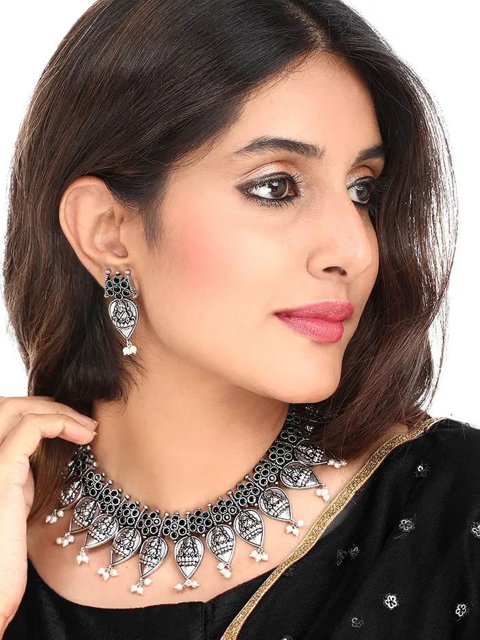 Yellow Chimes Rings Yellow Chimes Ethnic German Silver Oxidised Black studded stones White pearl moti Design Lakshmi Choker Necklace Set with Earrings Traditional Jewellery Set for Women and Girls Medium