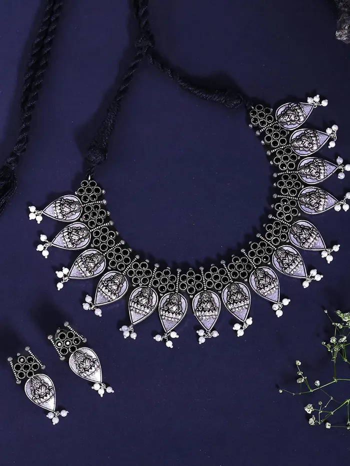 Yellow Chimes Rings Yellow Chimes Ethnic German Silver Oxidised Black studded stones White pearl moti Design Lakshmi Choker Necklace Set with Earrings Traditional Jewellery Set for Women and Girls Medium