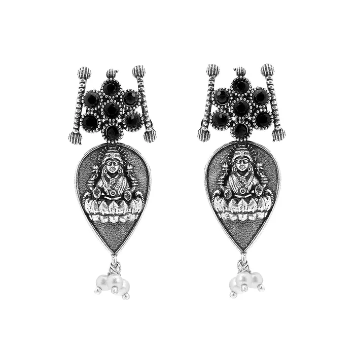 Yellow Chimes Rings Yellow Chimes Ethnic German Silver Oxidised Black studded stones White pearl moti Design Lakshmi Choker Necklace Set with Earrings Traditional Jewellery Set for Women and Girls Medium