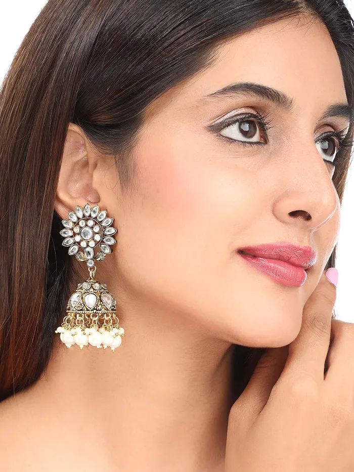 Yellow Chimes Rings Yellow Chimes Ethnic Gold Plated Flower Design Traditional Stone Studded White Beads Jhumka Earrings for Women and Girls Medium YCTJER87STLFJHGL