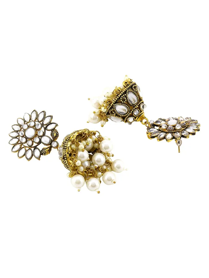 Yellow Chimes Rings Yellow Chimes Ethnic Gold Plated Flower Design Traditional Stone Studded White Beads Jhumka Earrings for Women and Girls Medium YCTJER87STLFJHGL